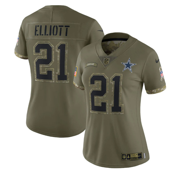 Women's Dallas Cowboys #21 Ezekiel Elliott 2022 Olive Salute To Service Limited Stitched Jersey(Run Small)
